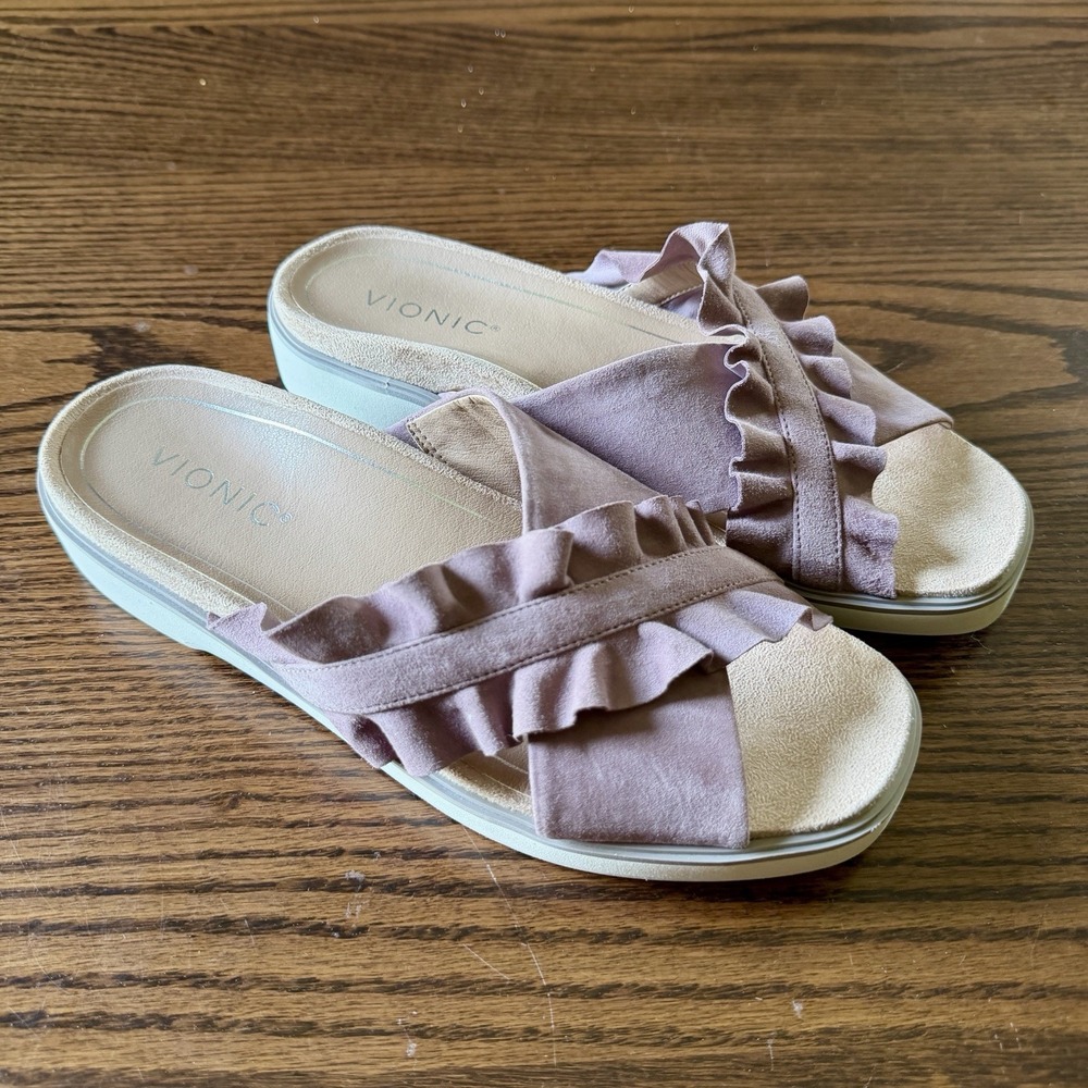 Vionic Womens Azalea Slide Orthotic Comfort Sandals Mauve Ruffle Size 8.5